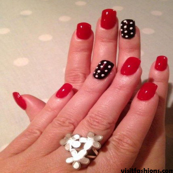 Red And White Polka simple Nail designs