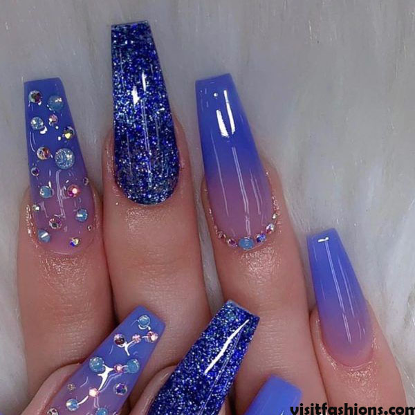 Translucent Glittery Blue Marble Nails Design